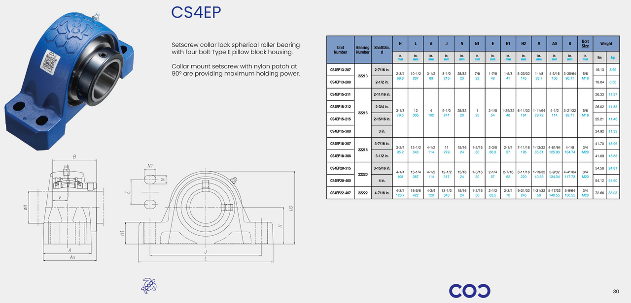 EP4B-S2-207R Bearing Replacement 2-7/16" Bore CS4EP13-207 Specification Sheet