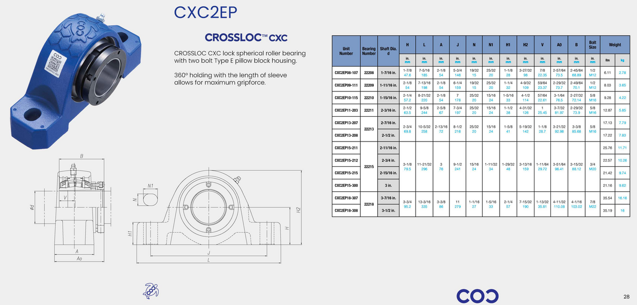 EP2B-IP-215R Bearing Replacement 2-15/16" Bore CXC2EP15-215 Specification Sheet