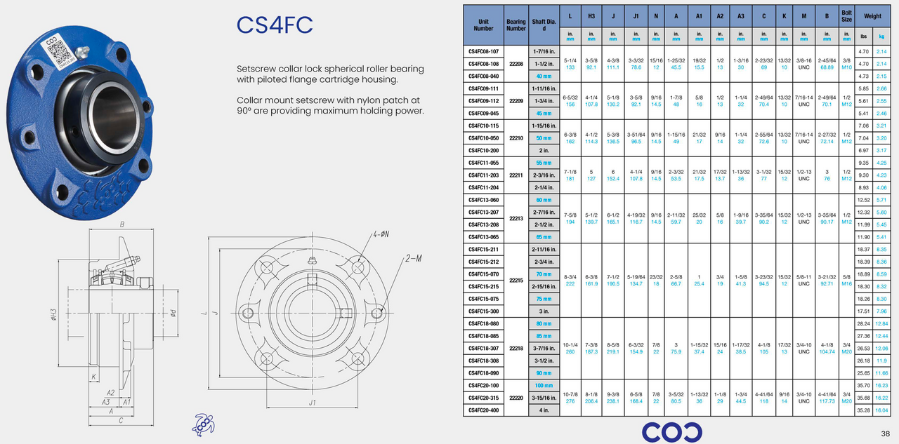 FCB224M40H 4-Bolt Flange Cartridge Bearing Replacement 40mm Bore Specification Sheet