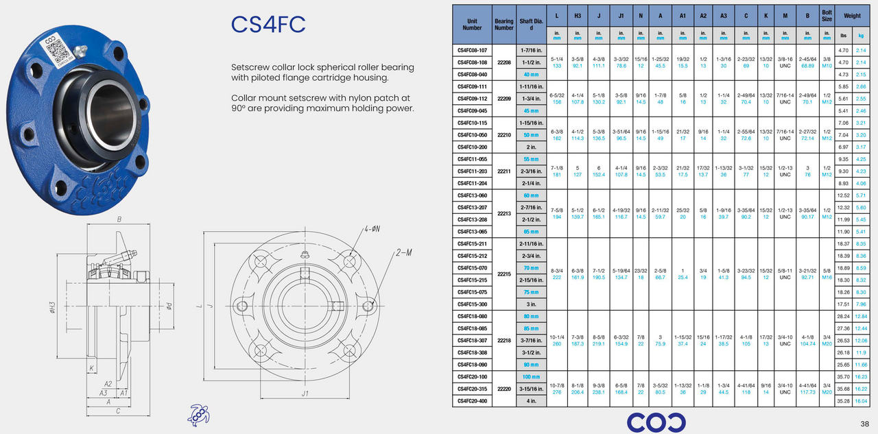 QAC09A-045S 4-Bolt Flange Cartridge Bearing Replacement 45mm Bore Specification Sheet