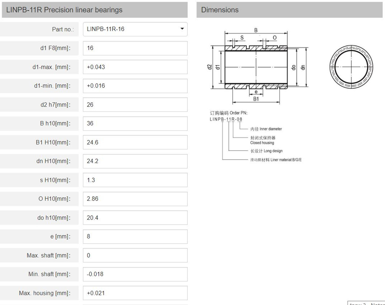 LINPB-11R-16 Precision linear bearings 16x26x36