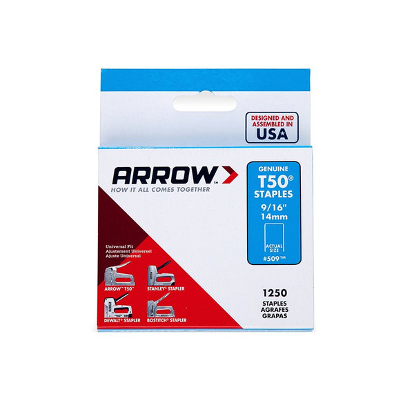 Staples T50 9/16in x 3/8in Crown 20Ga 4 x 1250/Pk Arrow 509