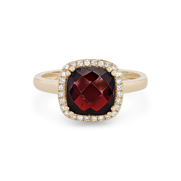 Garnet and Diamond Cushion Halo Ring