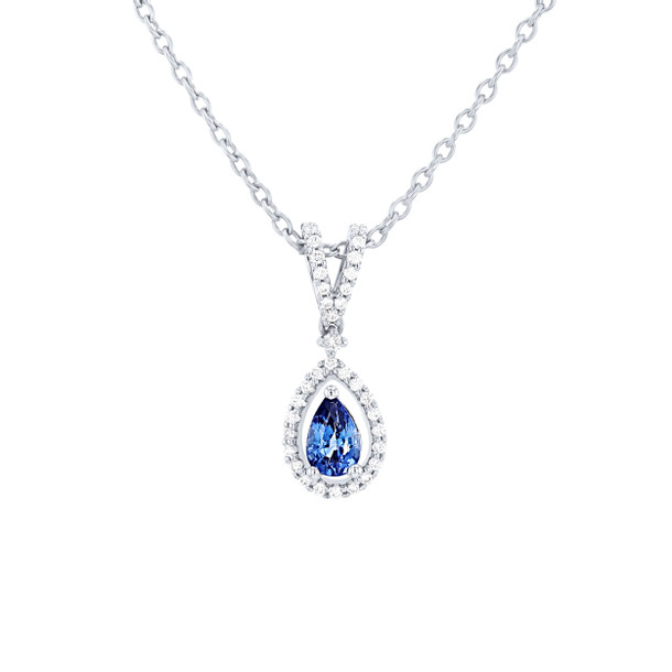 Pear Shape Sapphire & Diamond Halo Pendant Necklace