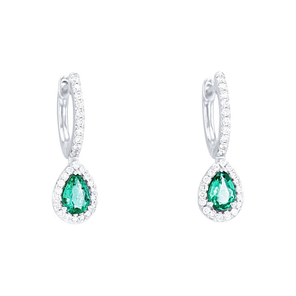 Emerald and Diamond Halo Pear Drop Earrings