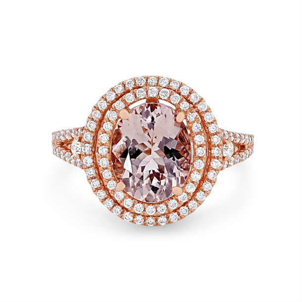 Morganite and Diamond Double Halo Ring
