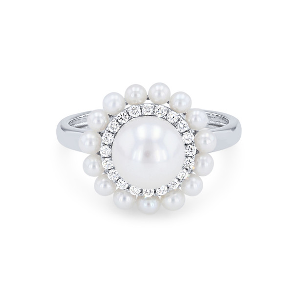 Double Halo Pearl and Diamond Ring