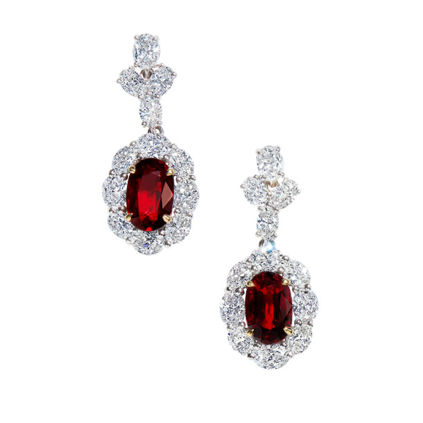 Ruby and Oval Shape Diamond Dangle Earrings
