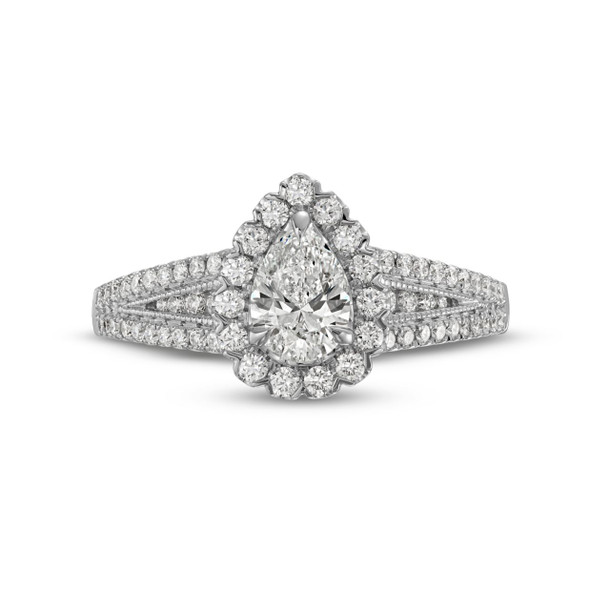 Pear Diamond Halo Tapered Three Row Engagement Ring