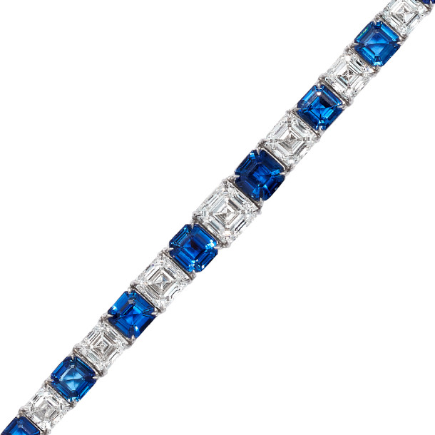 Blue Sapphire and Asscher Diamond Tennis Bracelet