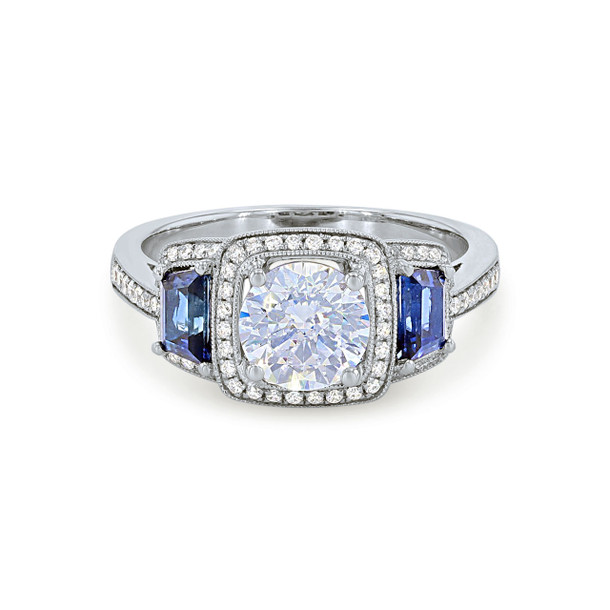Simon G. Three Stone Sapphire and Round Diamond Engagement Setting
