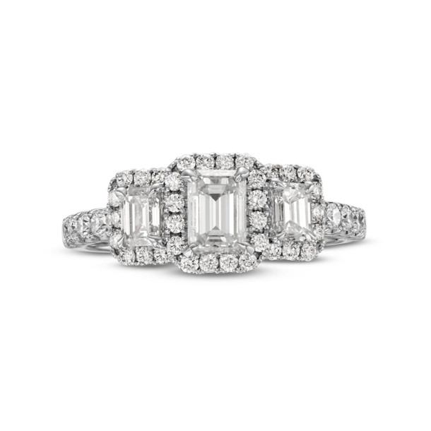 Emerald Diamond Three Stone Halo Engagement Ring