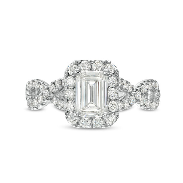 Emerald Diamond Halo Twist Engagement Ring