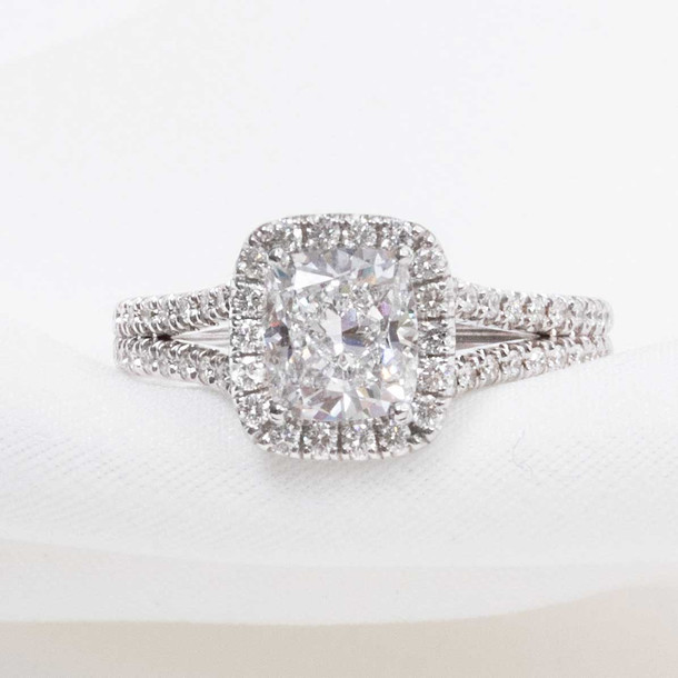 1.50 CT Cushion E-SI1 GIA Diamond Halo Split Engagement Ring
