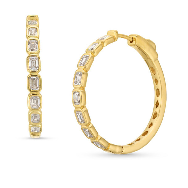 Emerald Cut Diamond Bezel Hoop Earrings