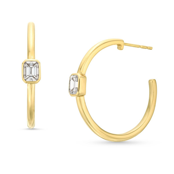 Single Baguette Diamond Bezel Open Hoop Earrings