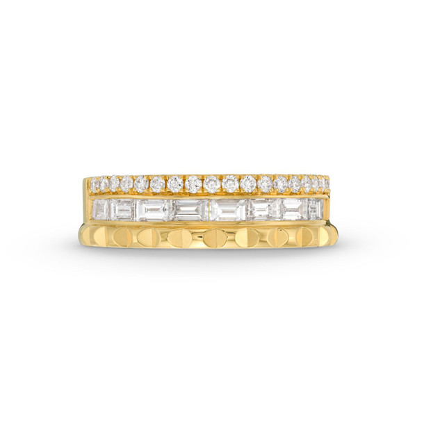 Three Row Emerald and Round Diamond Geometric Ring