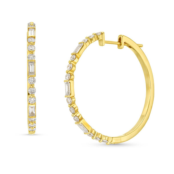 Round and Baguette Diamond 1.25 inch Hoop Earrings