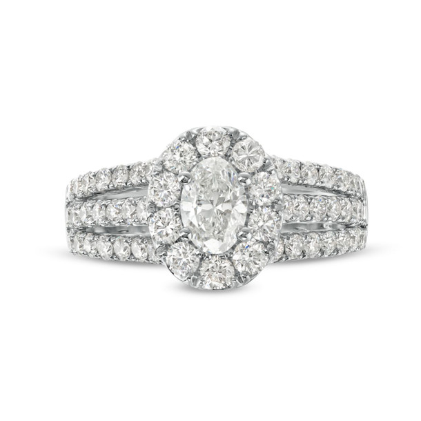 Oval Diamond Halo Three Row Engagement Ring