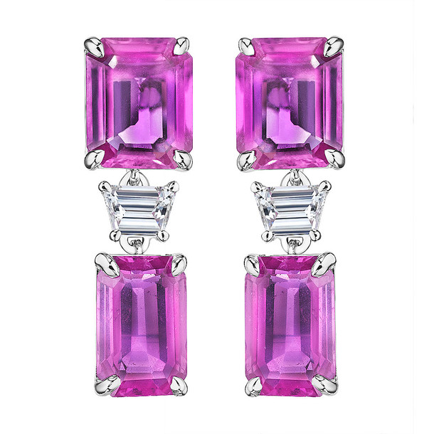 Pink Sapphire Emerald Cut and Diamond Trapezoid Earrings