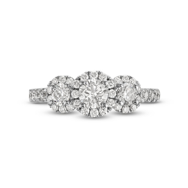 Round Diamond Three Stone Halo Engagement Ring