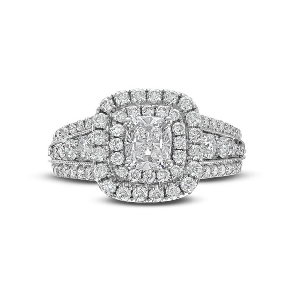 Cushion Diamond Double Halo Three Row Engagement Ring
