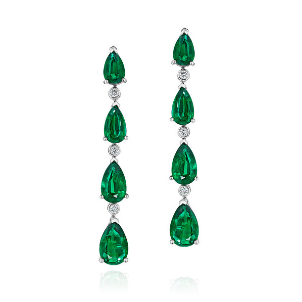 Pear Shape Emerald and Round Diamonds Earrings