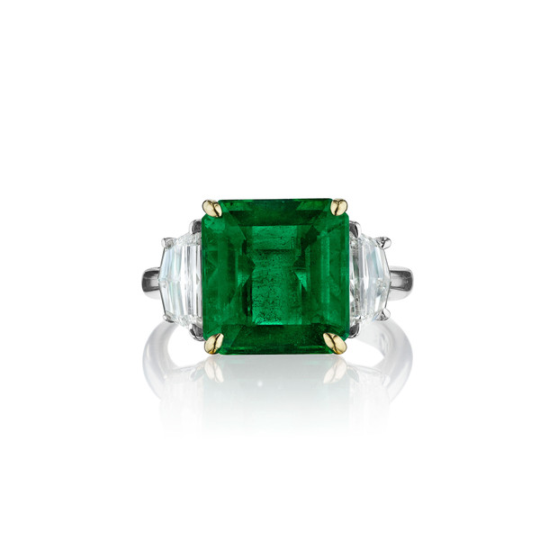 Emerald Cut Zambian Emerald and Half Moon Diamond Ring