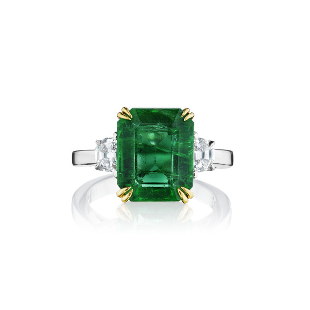 Emerald Cut Zambian Emerald and Cadillac Diamond Ring