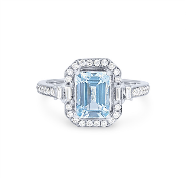 Aquamarine and Diamond Emerald Halo Ring