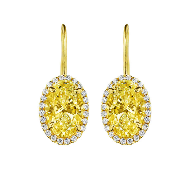 Oval Yellow Diamond Drop Halo Earrings