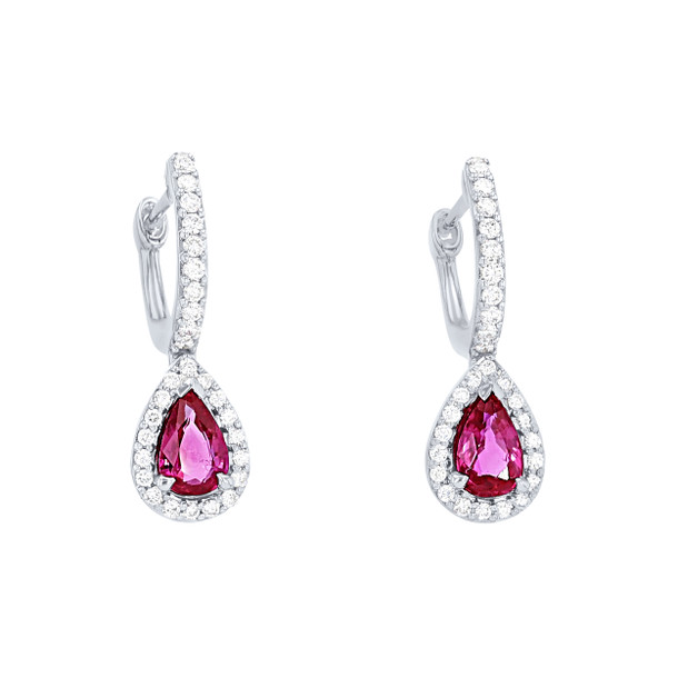 Ruby and Diamond Halo Pear Drop Earrings