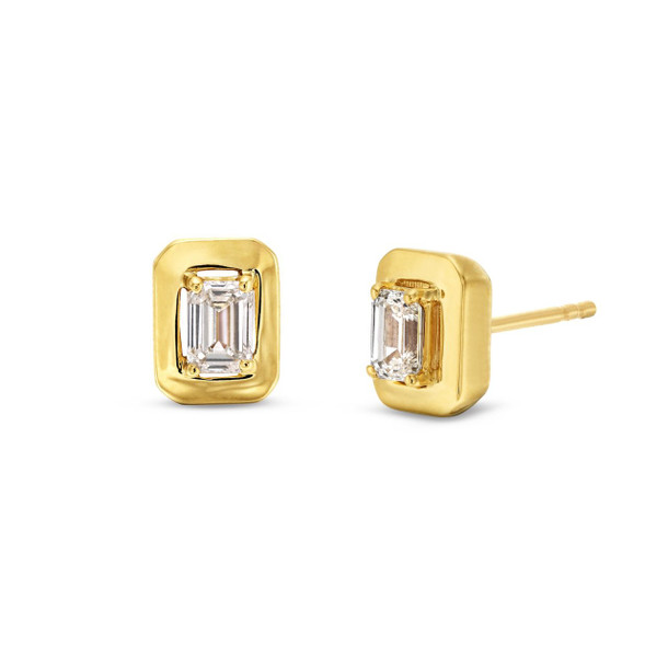 Emerald Gold Frame Solitaire Stud Earrings