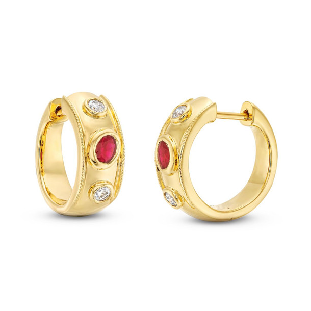 Alternating Ruby and Diamond Bezel Gold Huggie Earrings