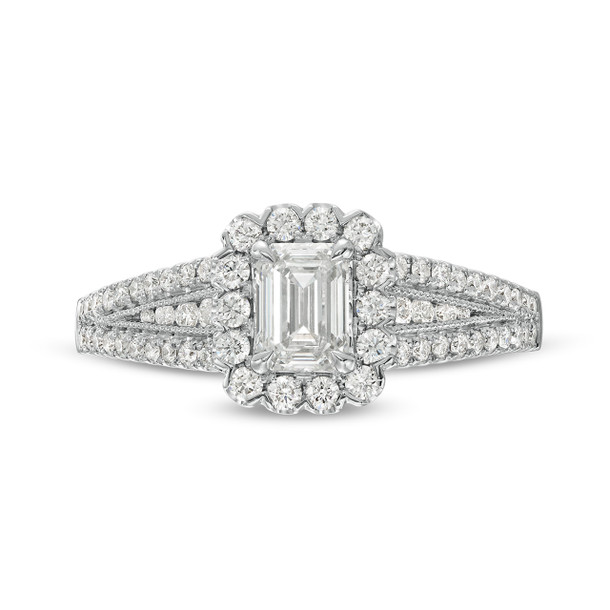 Emerald Diamond Halo Tapered Three Row Engagement Ring
