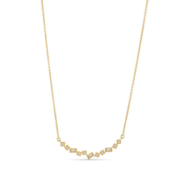 Round and Baguette Diamond Curve Bar Pendant Necklace