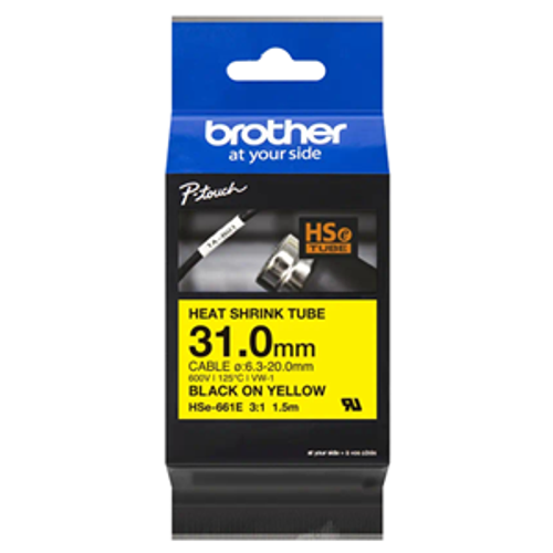 Brother HSE661E 31.0mm x 1.5m Black on Yellow Heat Shrink Tape