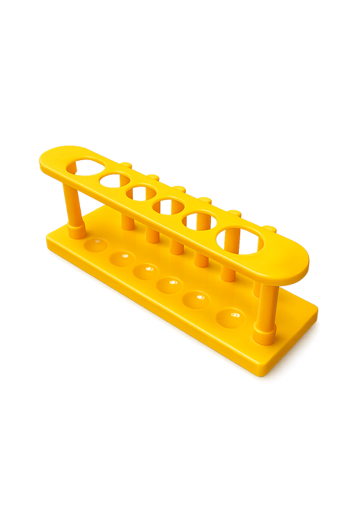 Polypropylene test tube rack for 6 tubes with drying pegs – yellow lab rack