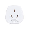 A white universal travel adapter featuring three prongs and a brand logo at the bottom.