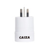 A white multifunctional travel adapter with two prongs and a logo on the front.