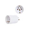 A white multifunctional AU travel adapter with three socket openings and one plug. It features a logo on the side.