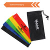 A set of five latex-free TPE fitness resistance bands in red, yellow, green, blue, and black, with a carrying pouch.