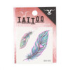 A pack of waterproof temporary tattoos featuring vibrant, multi-coloured feather designs with hearts. Contains branding.