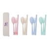 A portable utensils set featuring pink, cream, and blue cutlery, including forks, spoons, and chopsticks, in a case with a logo.