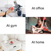 A red wrist ball placed on a desk, with various settings including an office, gym, and home.