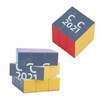 A stack of colourful 3x3 puzzle cubes in purple, blue, yellow, and red, featuring a logo on the surfaces.