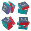 A set of colourful 3x3 puzzle cubes featuring shades of teal, red, and purple, with a logo on one side.