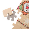 A custom jigsaw puzzle featuring a clown design, with one piece removed, showcasing pastel colours.