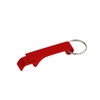 A red aluminium keyring bottle opener with a circular keyring attachment.