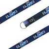 A blue sublimation lanyard with a logo and a metal ring attachment.